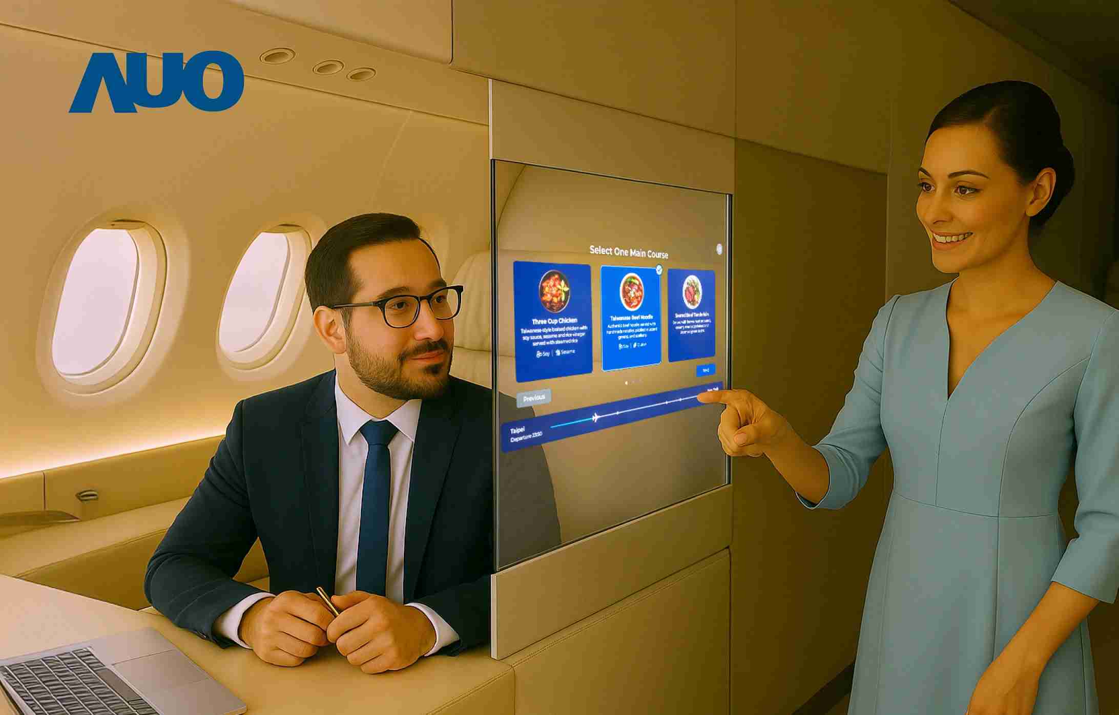 欧陆注册研发全球最薄17.3 吋双面透明 Micro LED 显示器，，，，可在同一屏幕之双边投射不同信息，，，创造独特的”透明化”互动；图为实时翻译交流应用情境